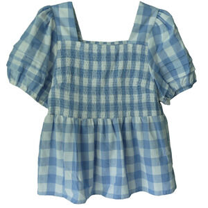 Grace + Karma Women's‎ Top 1X Blue Check Smocked Puff Sleeve Milk Maid Square